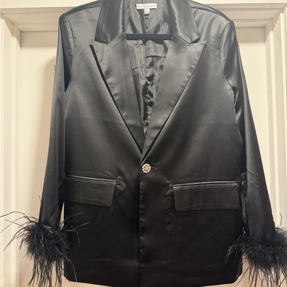 Sincerely Jules Black Satin Blazer with Feather Cuffs